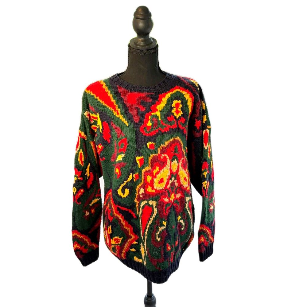VTG Talbots Crewneck Sweater Size L Paisley Multi-Color Chunky Hand Knit 90s EUC